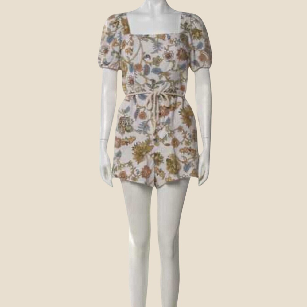 Calypso St Barth Floral Linen Romper Smocked Back Rope Tie Pockets Size 10